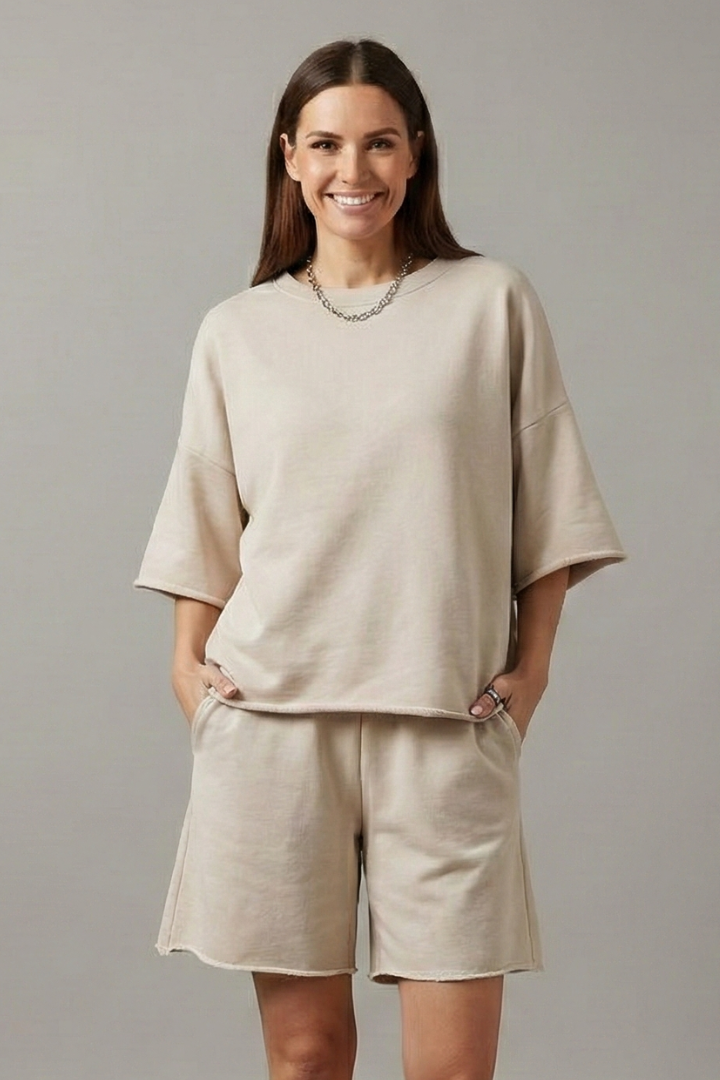 Women's grey crop top and drawstring shorts co-ord set for summer loungewear