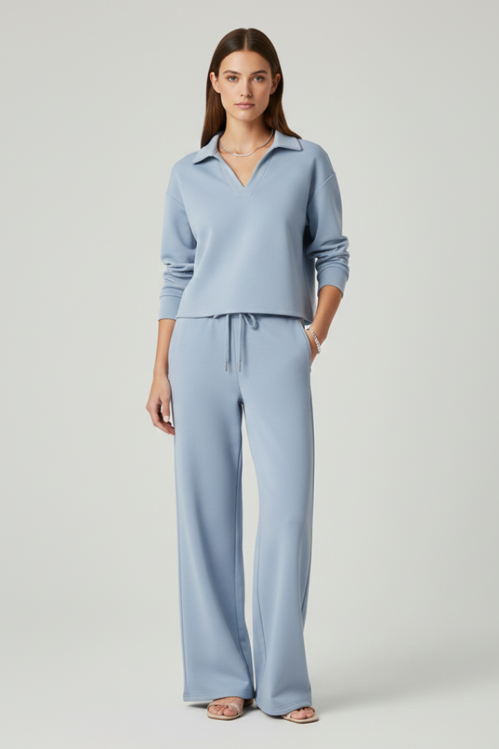 Women's light blue v-neck top and wide-leg trousers co-ord set for everyday wear
