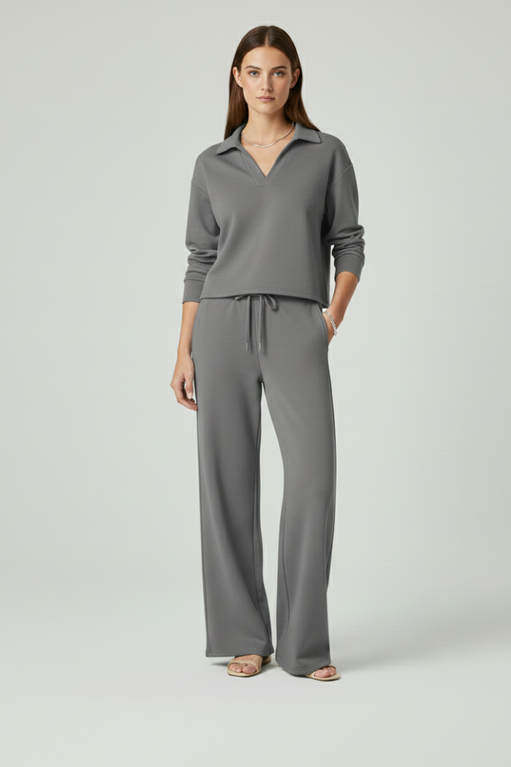 Women's black v-neck top and wide-leg trousers co-ord set for everyday wear