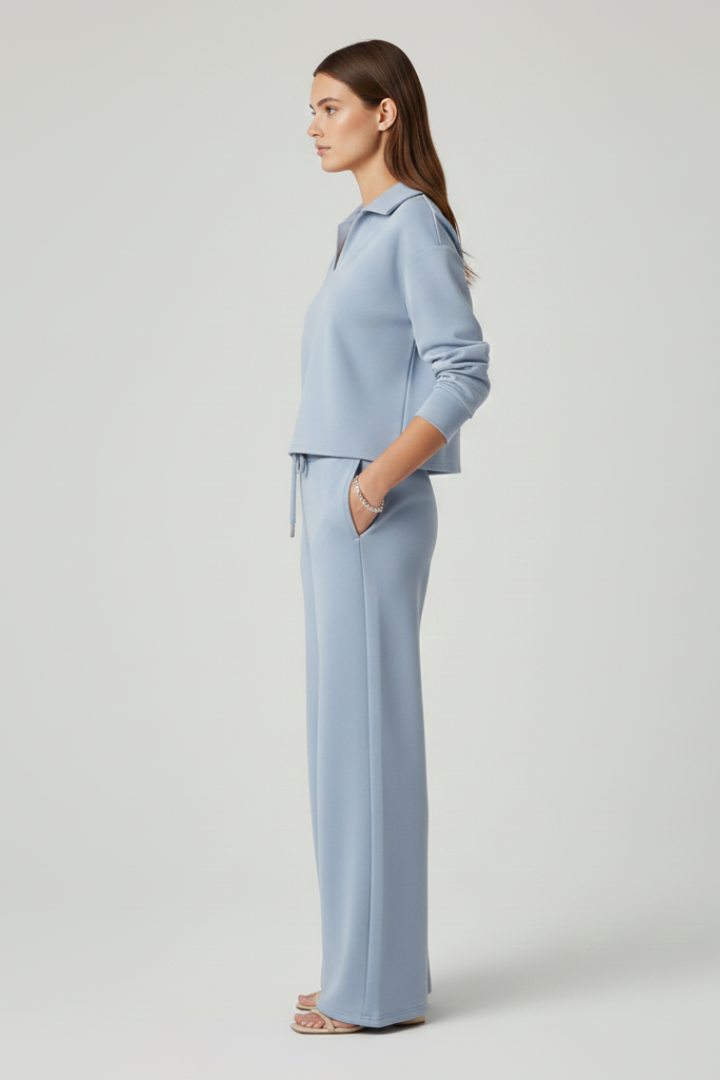Women's light blue v-neck top and wide-leg trousers co-ord set for everyday wear