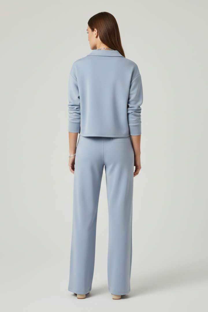 Women's light blue v-neck top and wide-leg trousers co-ord set for everyday wear