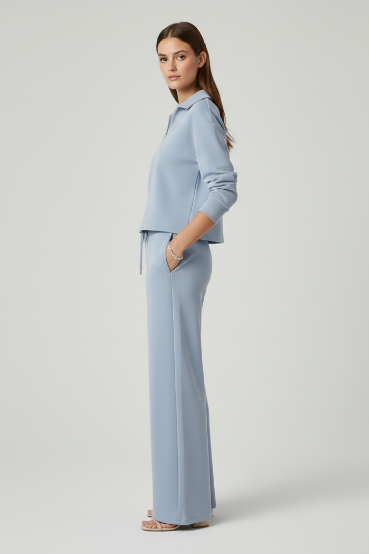 Women's light blue v-neck top and wide-leg trousers co-ord set for everyday wear
