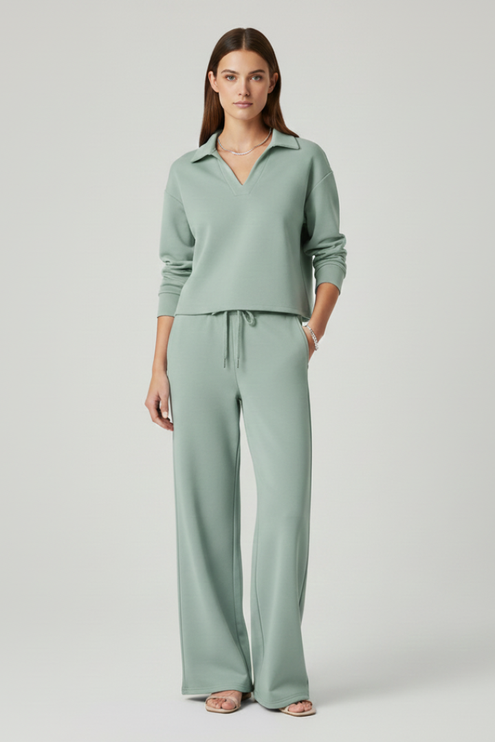 Women's sage green v-neck top and wide-leg trousers co-ord set for everyday wear