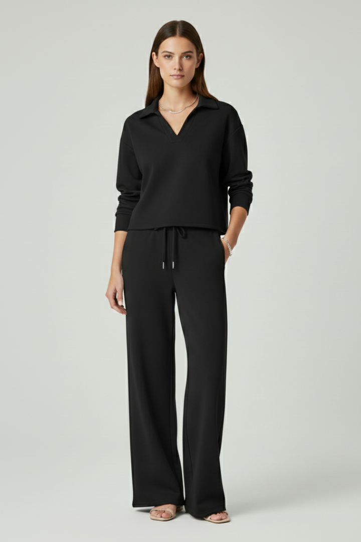 Women's sage green v-neck top and wide-leg trousers co-ord set for everyday wear