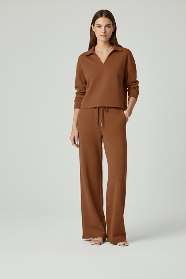 Women's sage green v-neck top and wide-leg trousers co-ord set for everyday wear