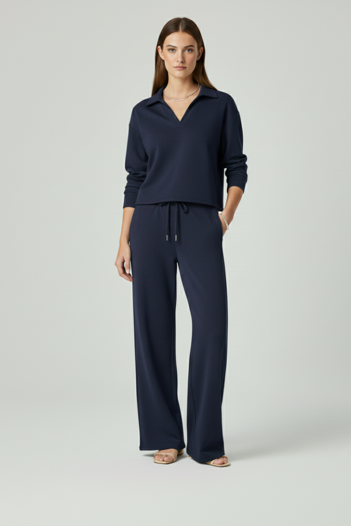 Women's sage green v-neck top and wide-leg trousers co-ord set for everyday wear