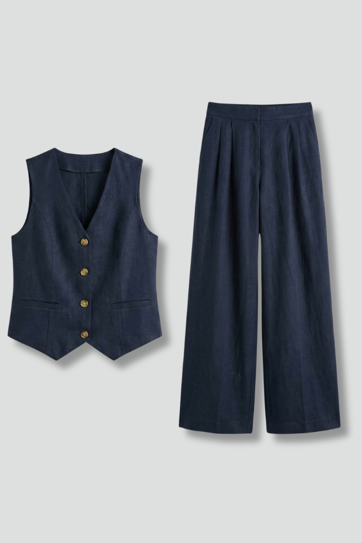 Women's blue sleeveless waistcoat and wide trouser two-piece set