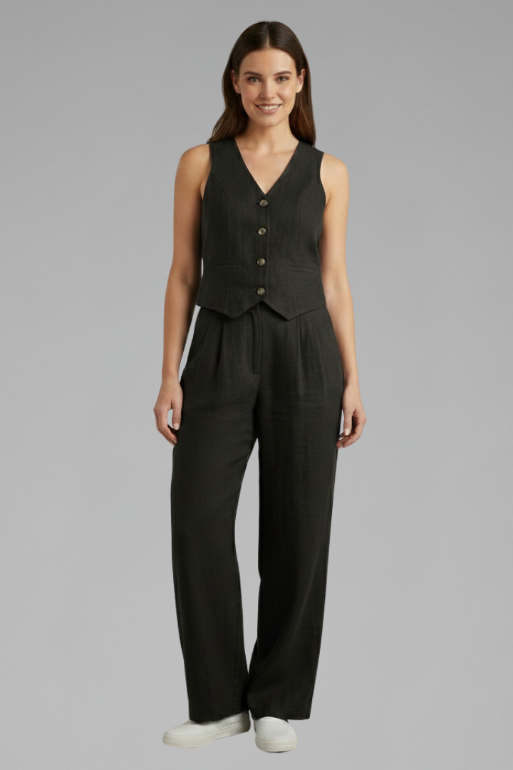 Women's olive green sleeveless waistcoat and wide trouser two-piece set
