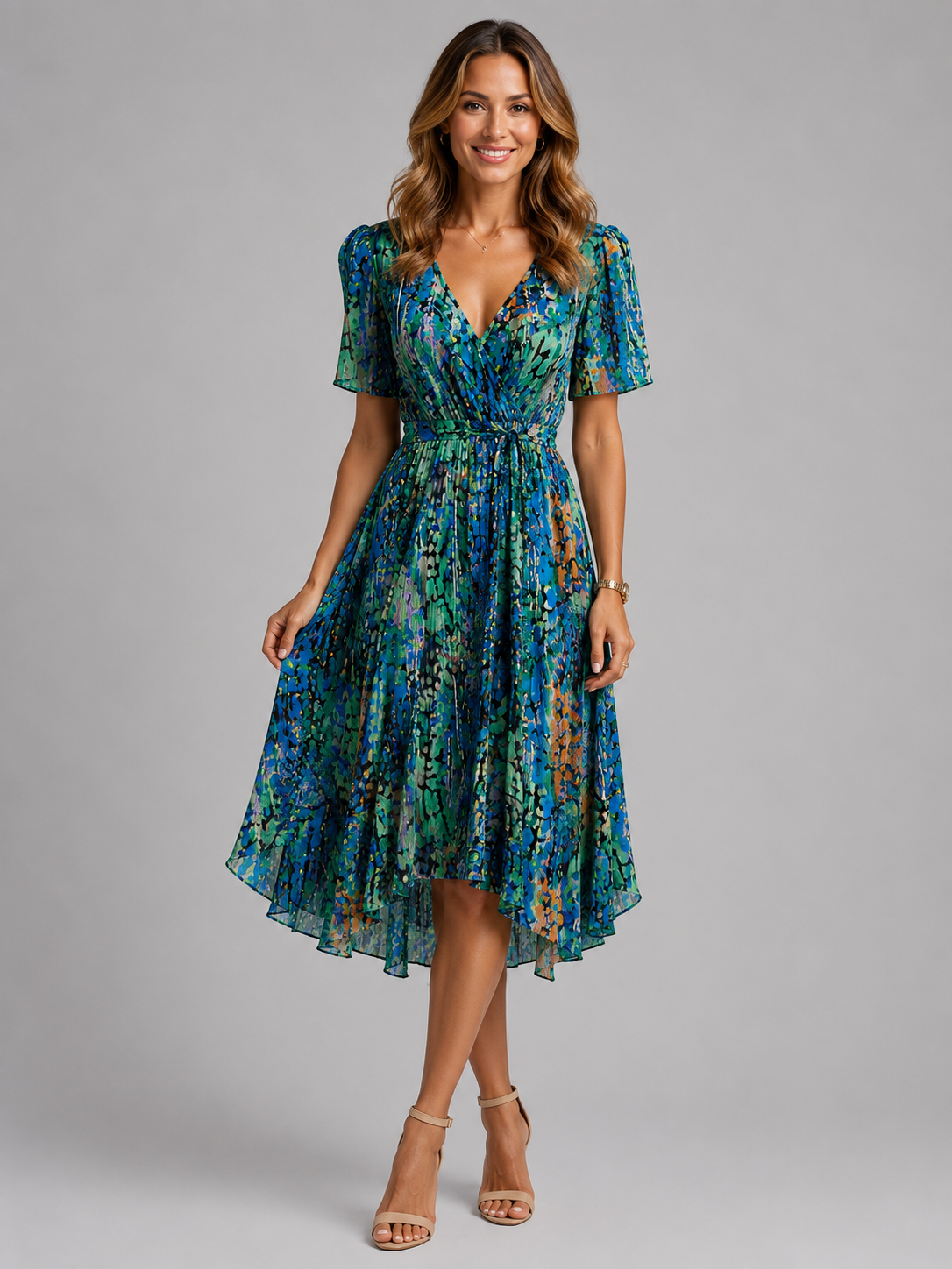 Women's blue printed v-neck midi summer dress