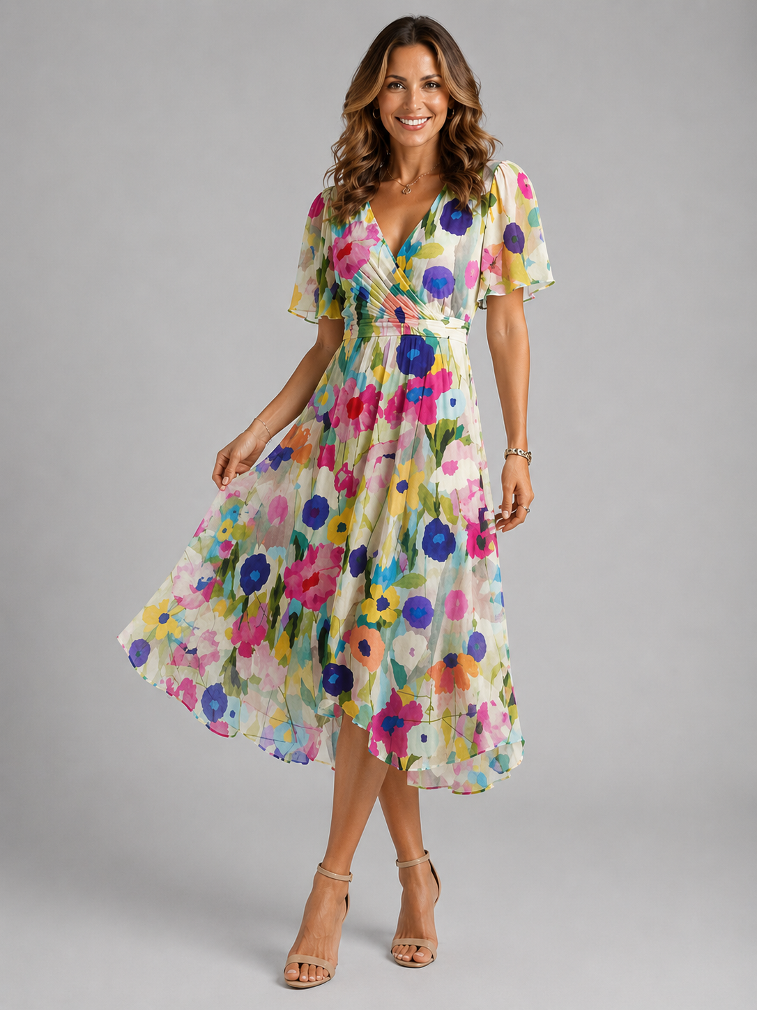 Women's blue printed v-neck midi summer dress