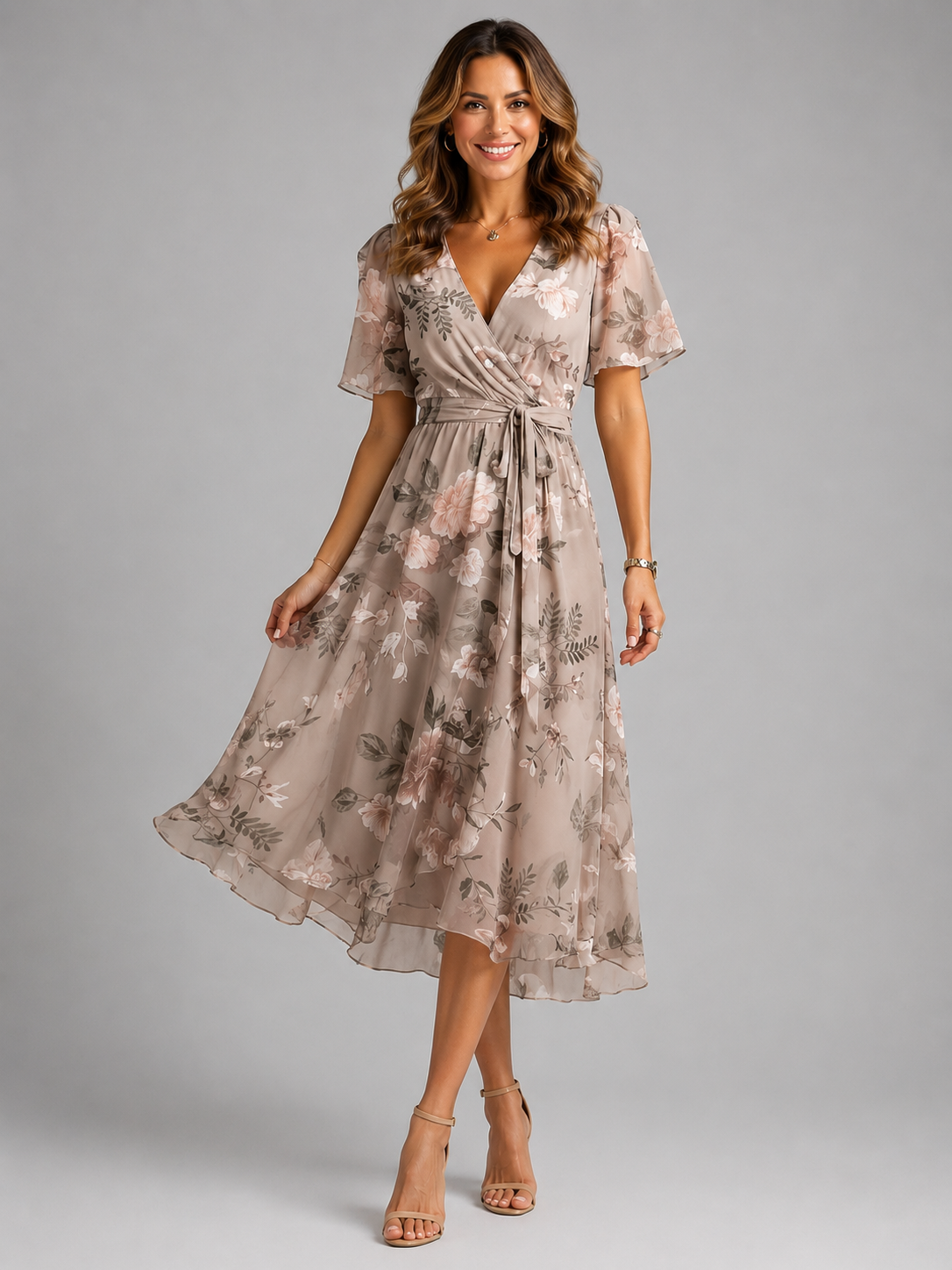 Women's blue printed v-neck midi summer dress
