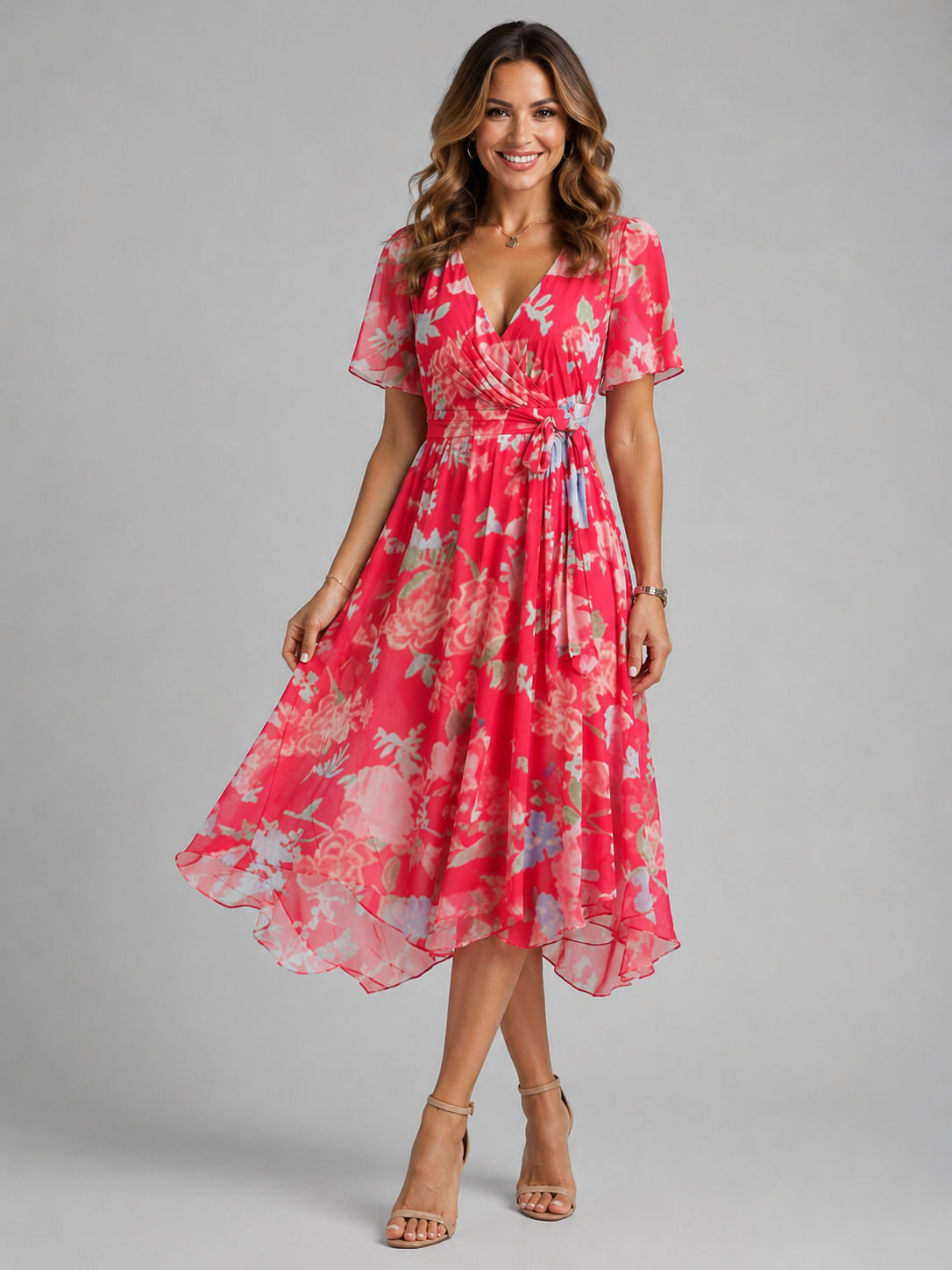 Women's blue printed v-neck midi summer dress