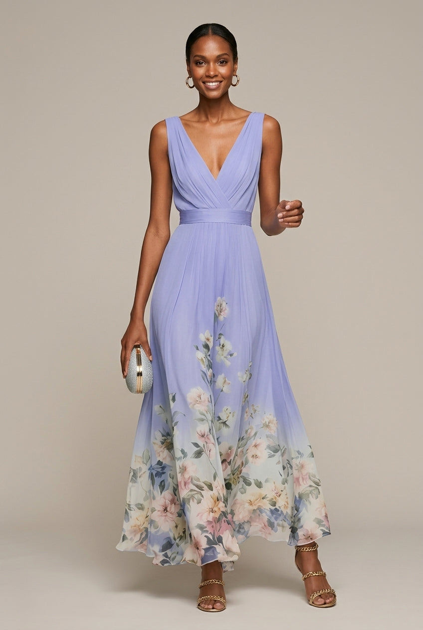 Women's dark blue floral border print maxi dress with V neck