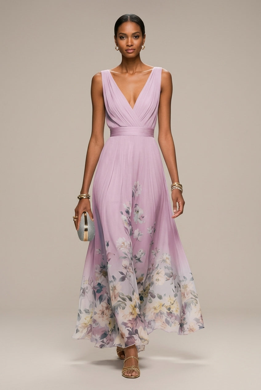 Women's light green floral border print maxi dress with V neck