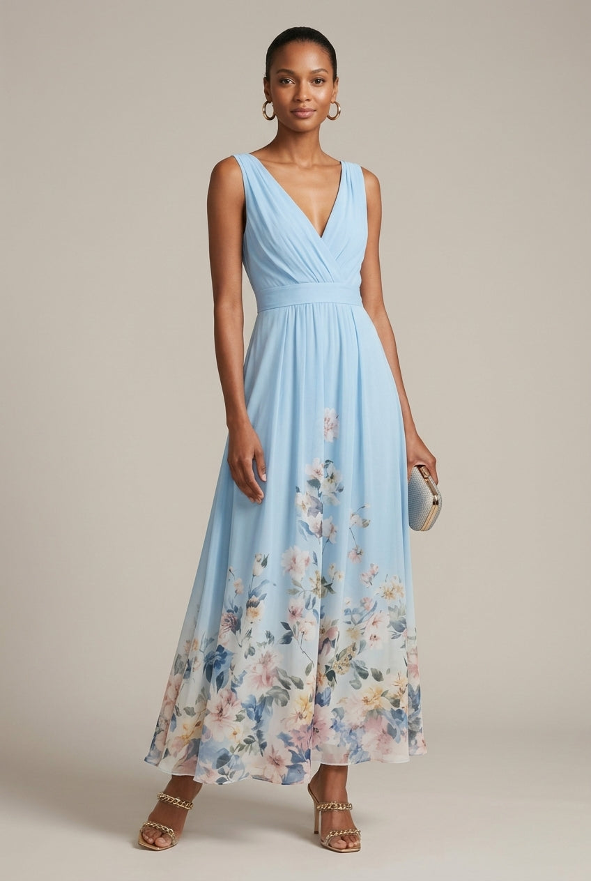 Women's light green floral border print maxi dress with V neck