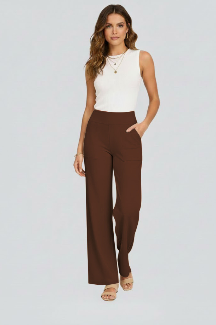 Women's taupe wide leg pull-on trousers with a high waist and side pockets