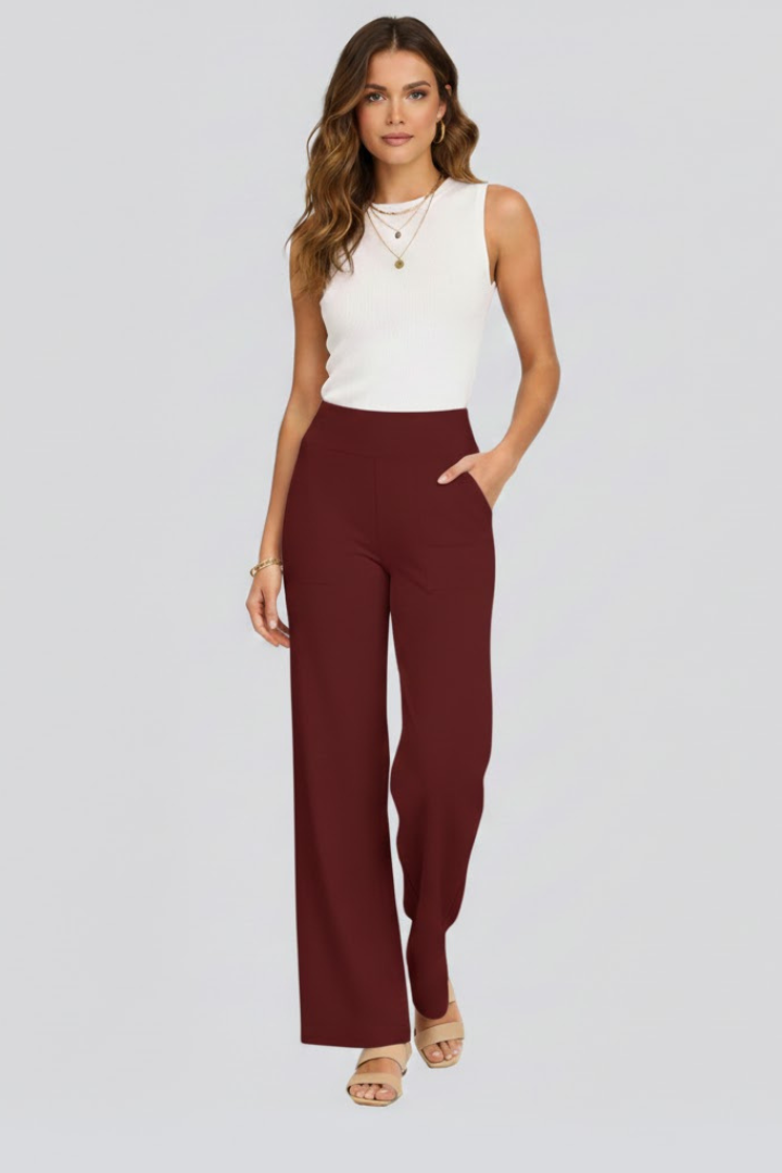 Women's dark grey wide leg pull-on trousers with a high waist and side pockets