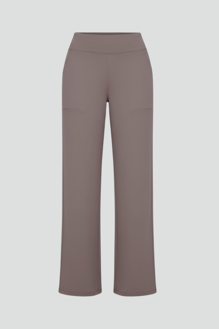 Women's taupe wide leg pull-on trousers with a high waist and side pockets