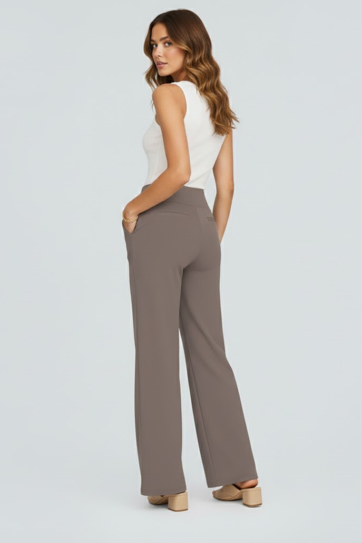 Women's taupe wide leg pull-on trousers with a high waist and side pockets