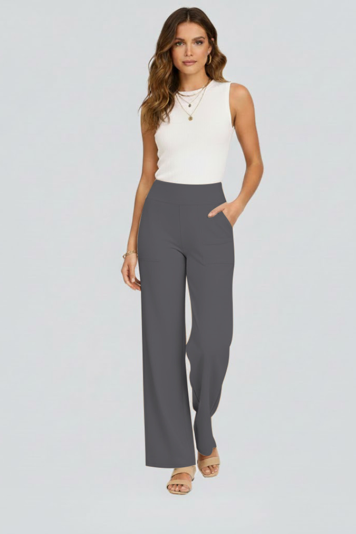 Women's taupe wide leg pull-on trousers with a high waist and side pockets