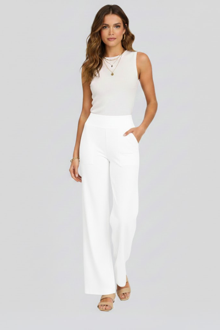 Women's taupe wide leg pull-on trousers with a high waist and side pockets