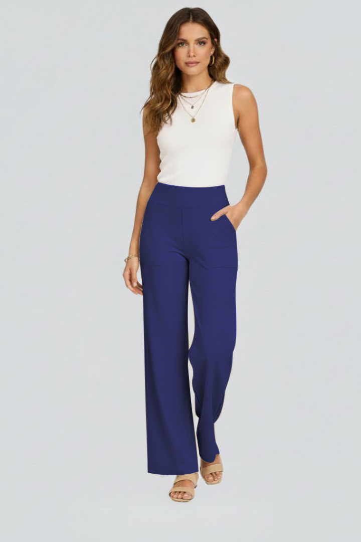 Women's taupe wide leg pull-on trousers with a high waist and side pockets