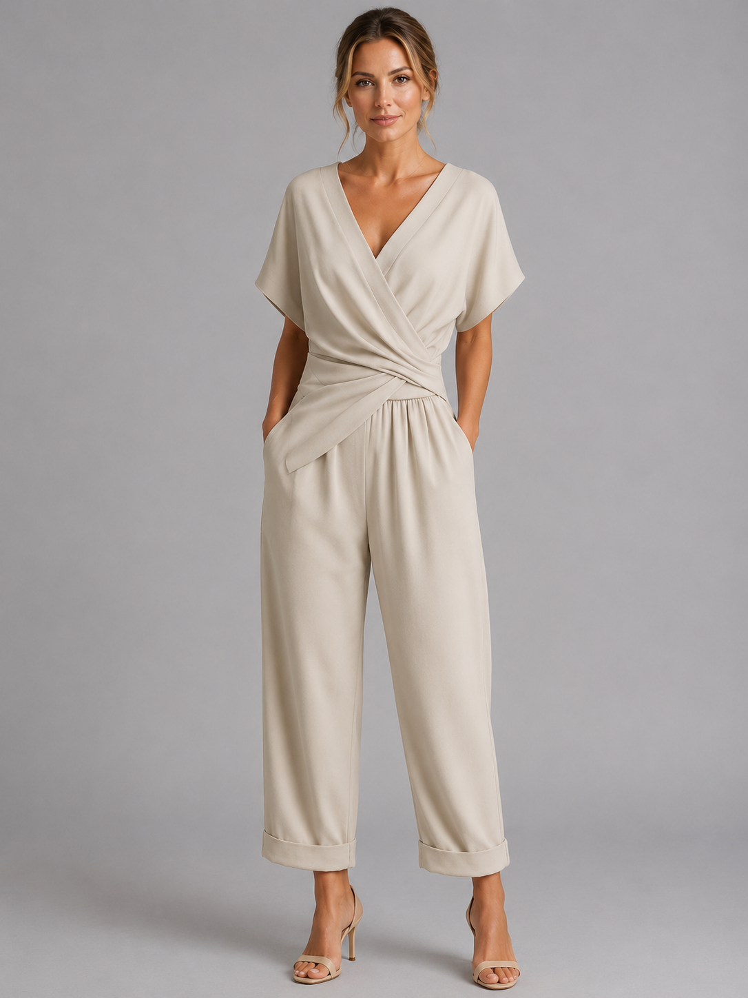 Women's apricot wrap front co-ord set with wide leg trousers