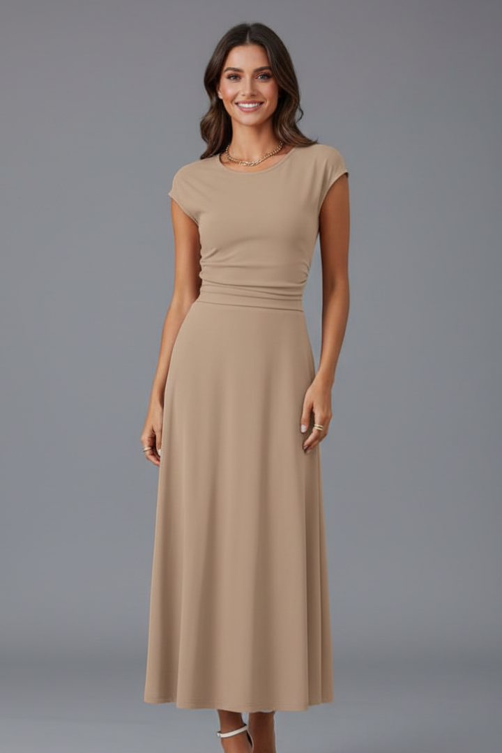 Women's khaki cap sleeve fit and flare midi dress with high waist