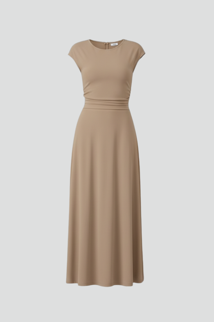 Women's khaki cap sleeve fit and flare midi dress with high waist