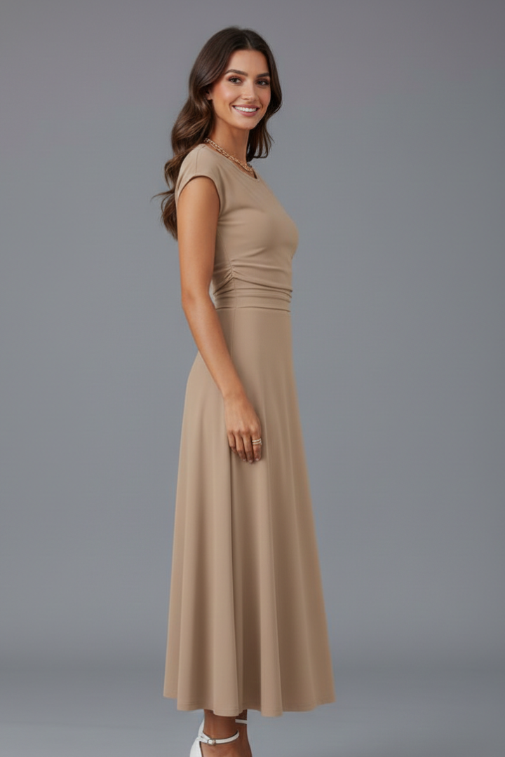 Women's khaki cap sleeve fit and flare midi dress with high waist