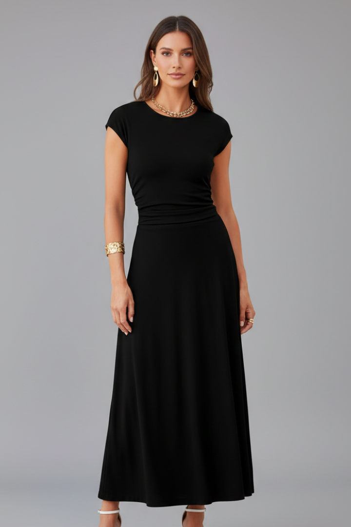 Women's khaki cap sleeve fit and flare midi dress with high waist