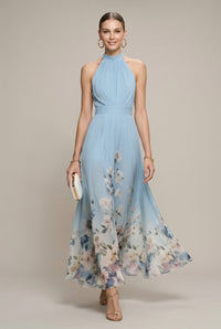Womens Dress Halter Neck Floral Maxi A-Line