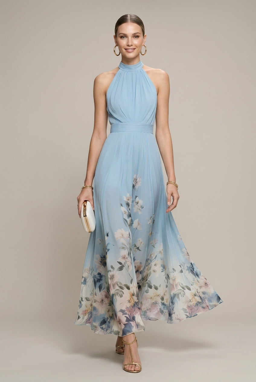 Womens Dress Halter Neck Floral Maxi A-Line 0