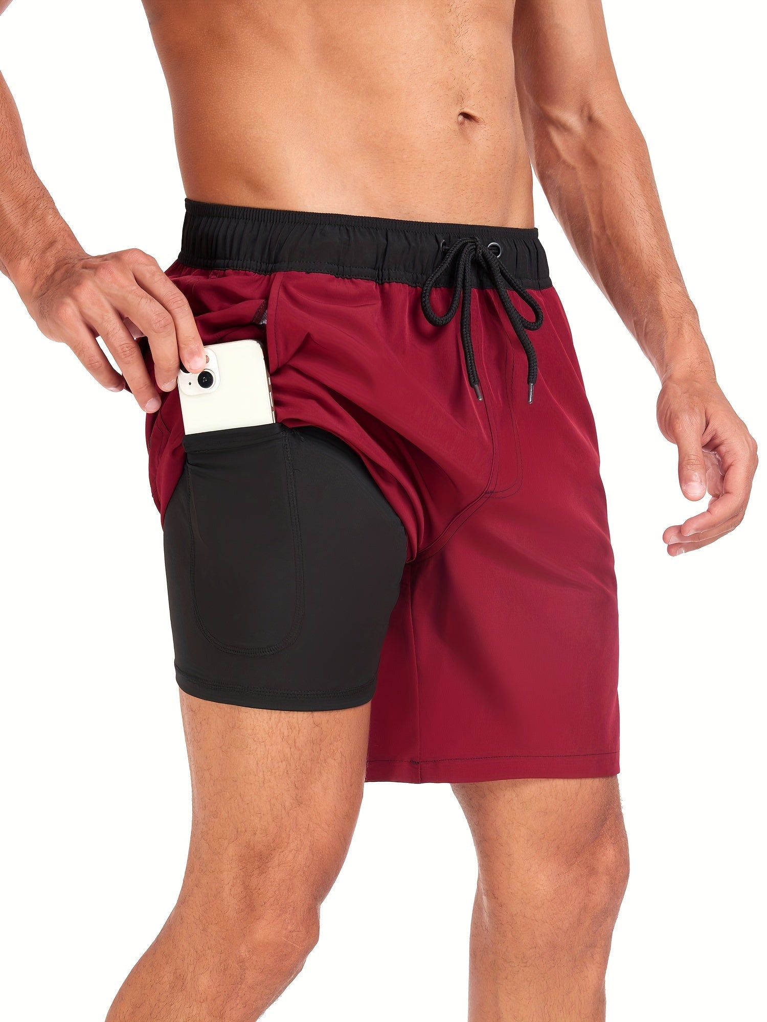 Men's burgundy 2-in-1 swim shorts with compression liner