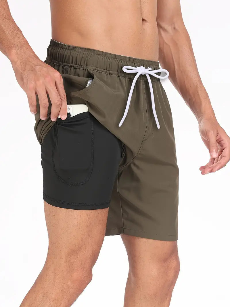 Men's pink 2-in-1 swim shorts with compression liner