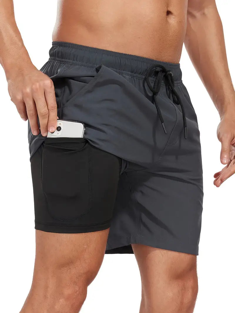 Men's pink 2-in-1 swim shorts with compression liner