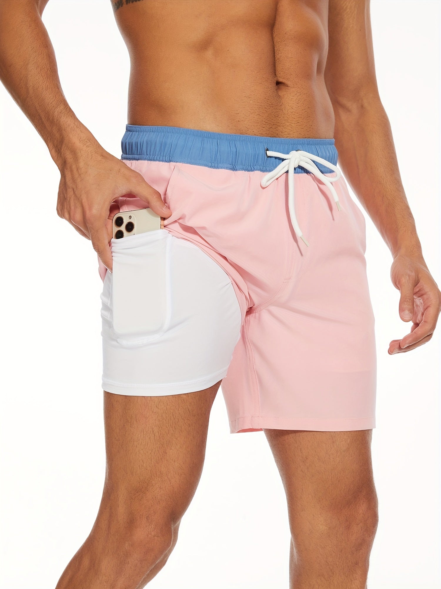 Men's pink 2-in-1 swim shorts with compression liner