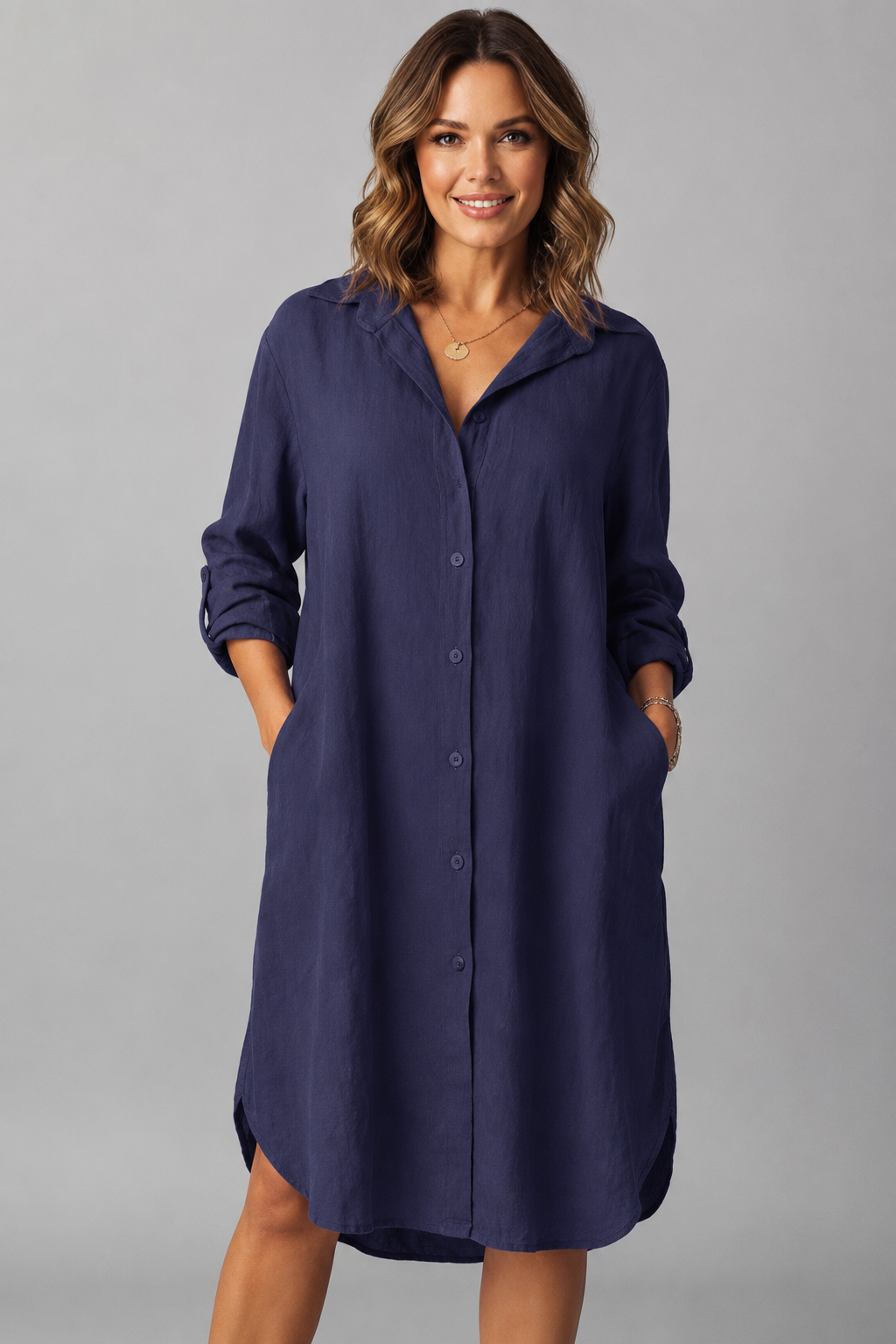 Women's Button-Through Shirt Dress with Collar and Side Pockets