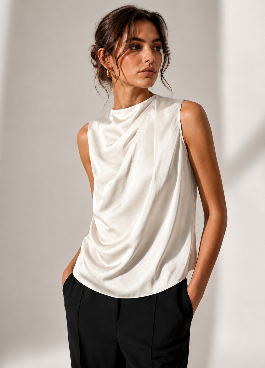 A woman wearing a sleeveless draped white top and black trousers, standing against a light neutral wall with soft shadows.