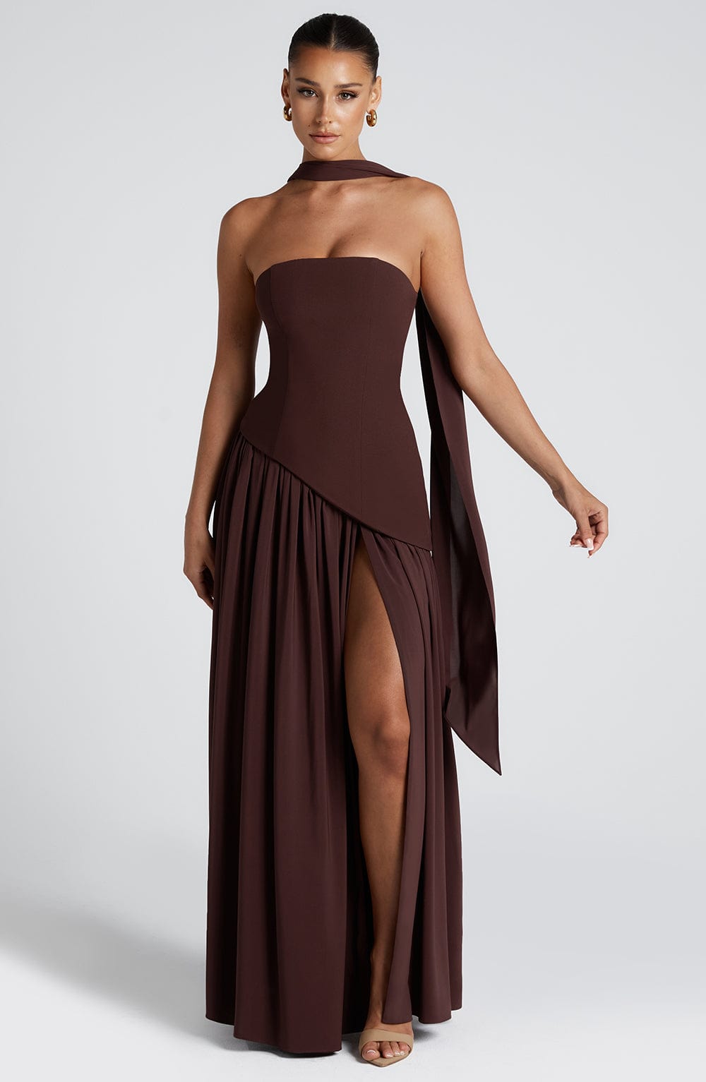 Vogain Maxi Dresses Brown / S Women’s Dress Maxi Dress Strapless High Slit Chiffon Summer Fit