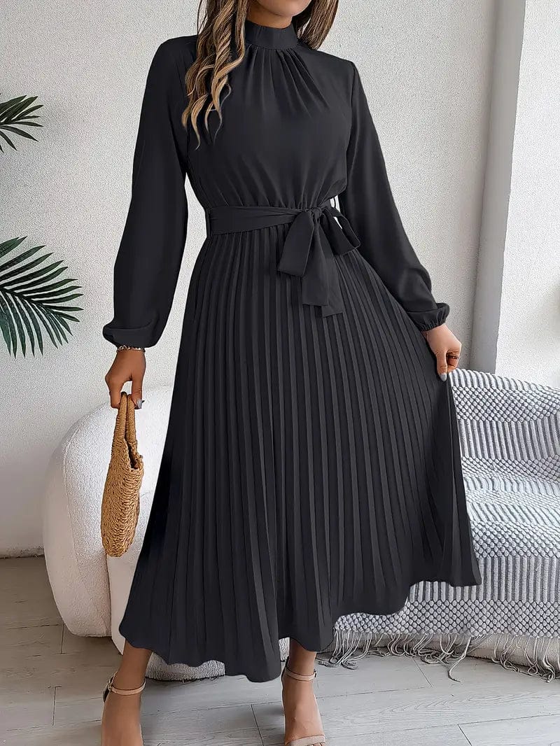 Vogain Women’s Dresses Black / S Women’s Dress Midi Long Sleeve Pleated Skirt Belted Waist Polyester Fit