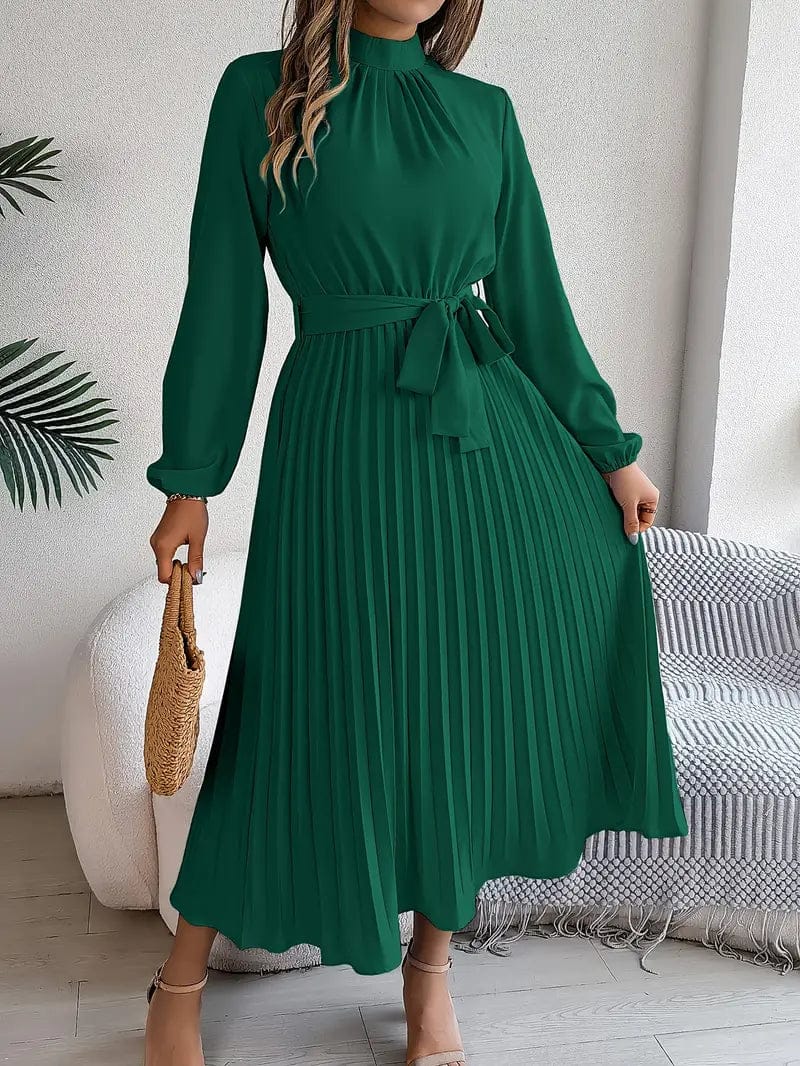 Vogain Women’s Dresses Green / S Women’s Dress Midi Long Sleeve Pleated Skirt Belted Waist Polyester Fit