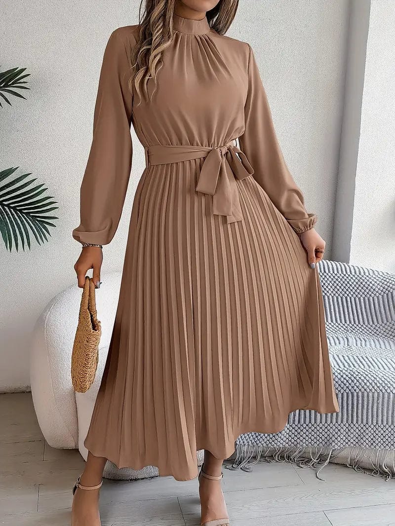 Vogain Women’s Dresses Khaki / S Women’s Dress Midi Long Sleeve Pleated Skirt Belted Waist Polyester Fit