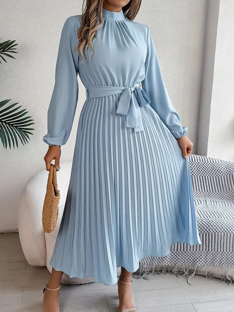 Vogain Women’s Dresses Light Blue / S Women’s Dress Midi Long Sleeve Pleated Skirt Belted Waist Polyester Fit
