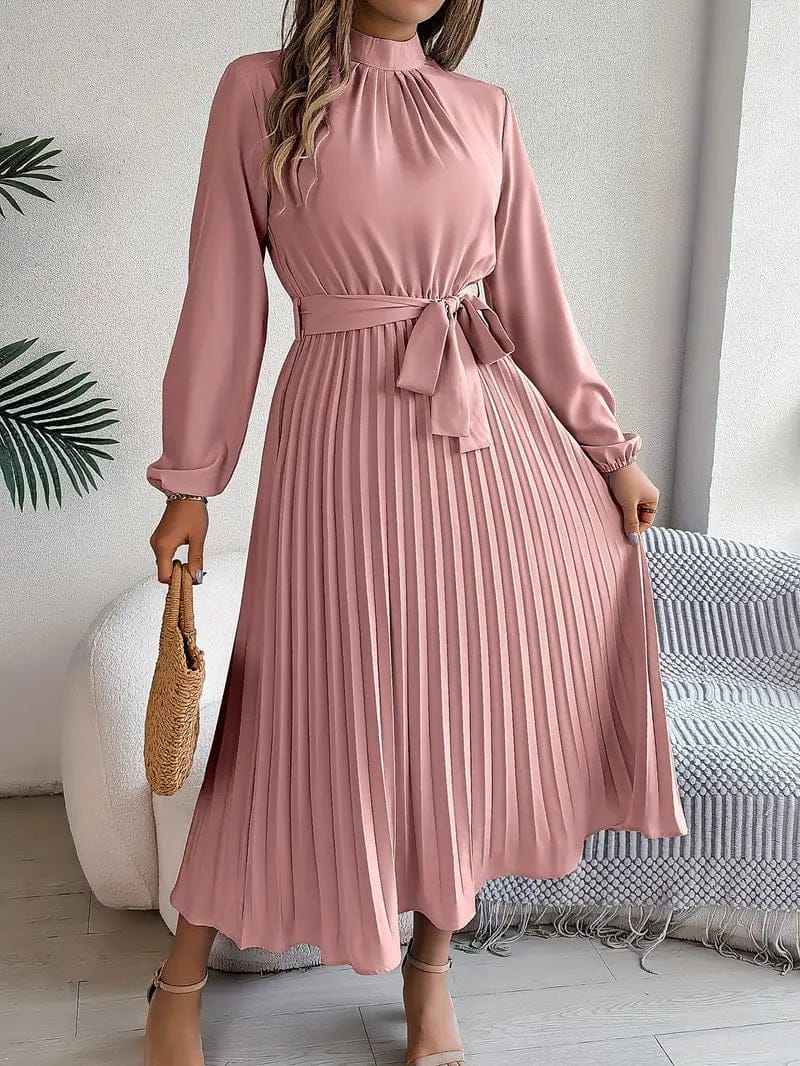 Vogain Women’s Dresses Pink / S Women’s Dress Midi Long Sleeve Pleated Skirt Belted Waist Polyester Fit